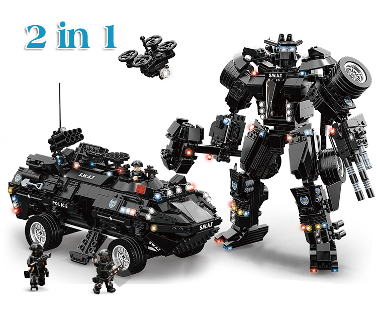 WOMA TOYS 2022 Amazon Hottest Sale Kids Educational 2 In 1 Robot City Police SWAT Armored Guard Building Blocks Puzzle Set