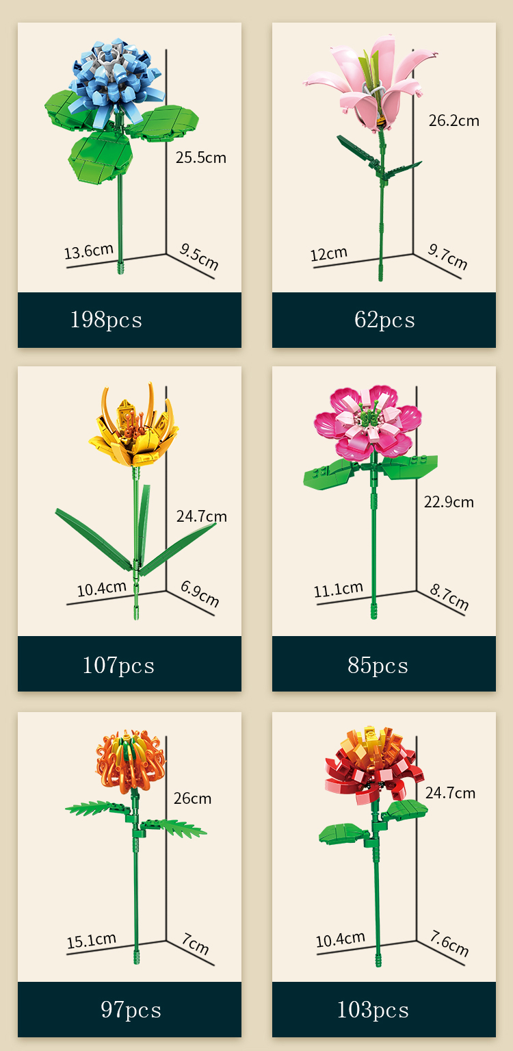 WOMA TOYS Walmart Hot Sale Bouquet Sunflower Rose Flower Plastic Building Block Bricks Set Children's Educational juguetes