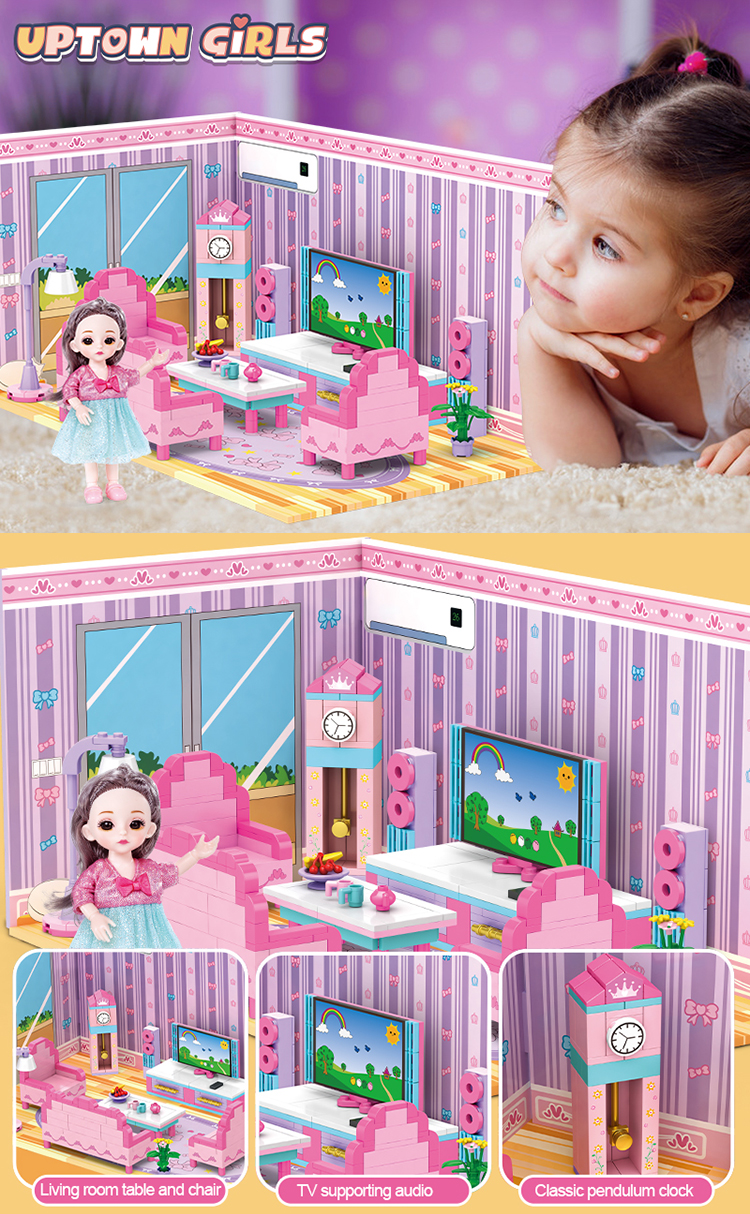WOMA TOYS Amazon Hottest Sale Play House Doll Building Block House Girl Living Room Model TV Sound Tea Table Chair Brick