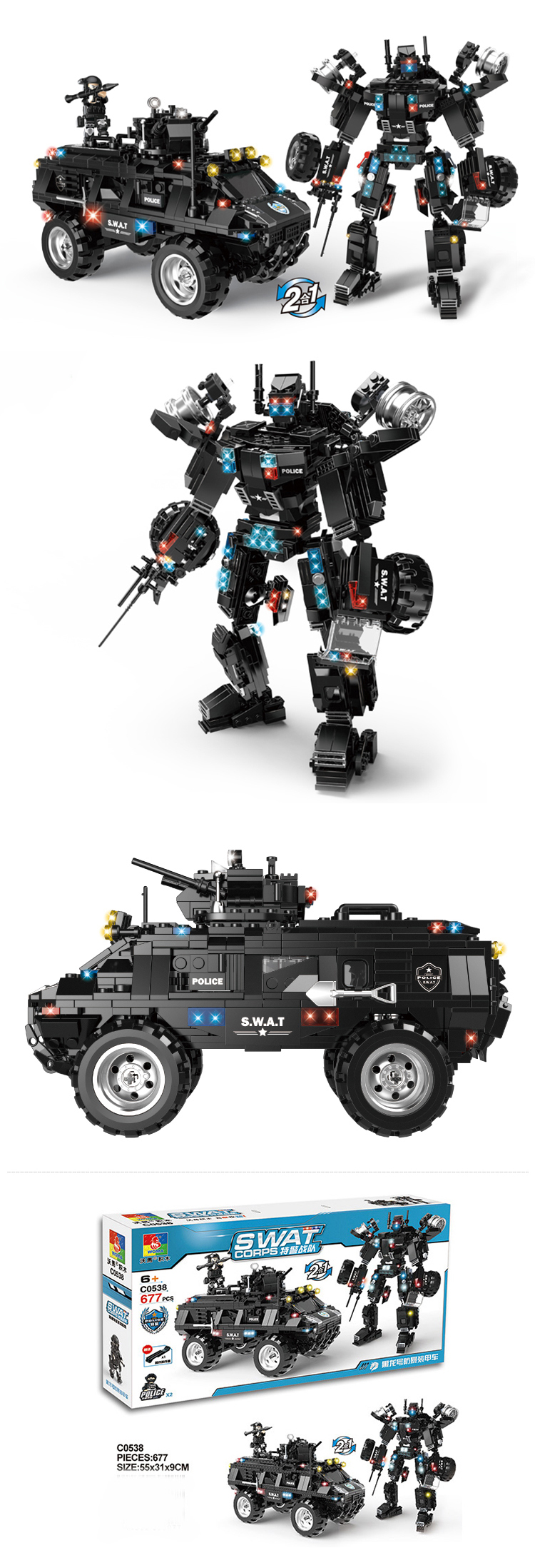 WOMA TOY Wholesale Custom 2 in 1 Swat Corps Robot Car Plastic Small Bricks Building Block Anti Riot Armored Vehicle Set