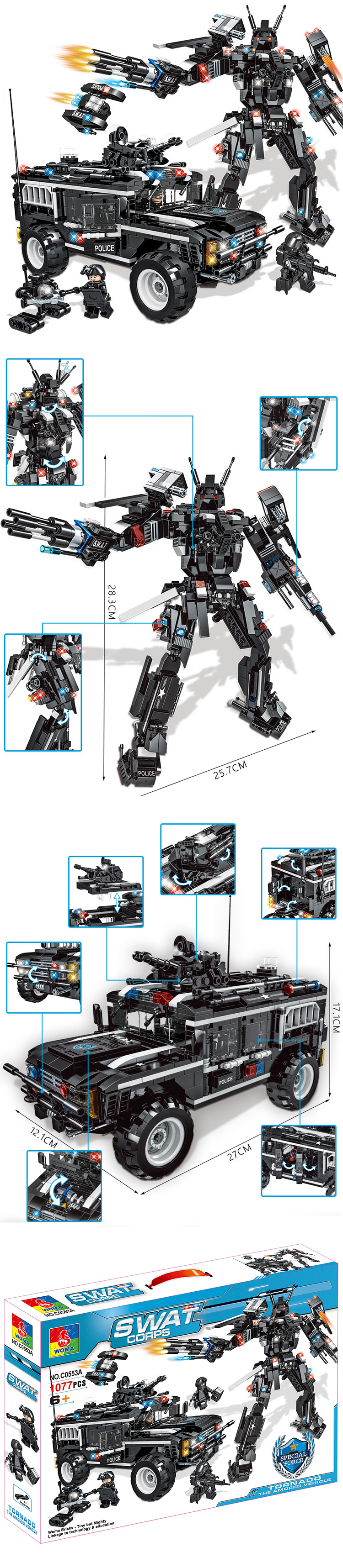 WOMA TOYS 1077pcs Boy birthday gift 2 in 1 SWAT Team transform robot model small bricks building blocks educational toys set