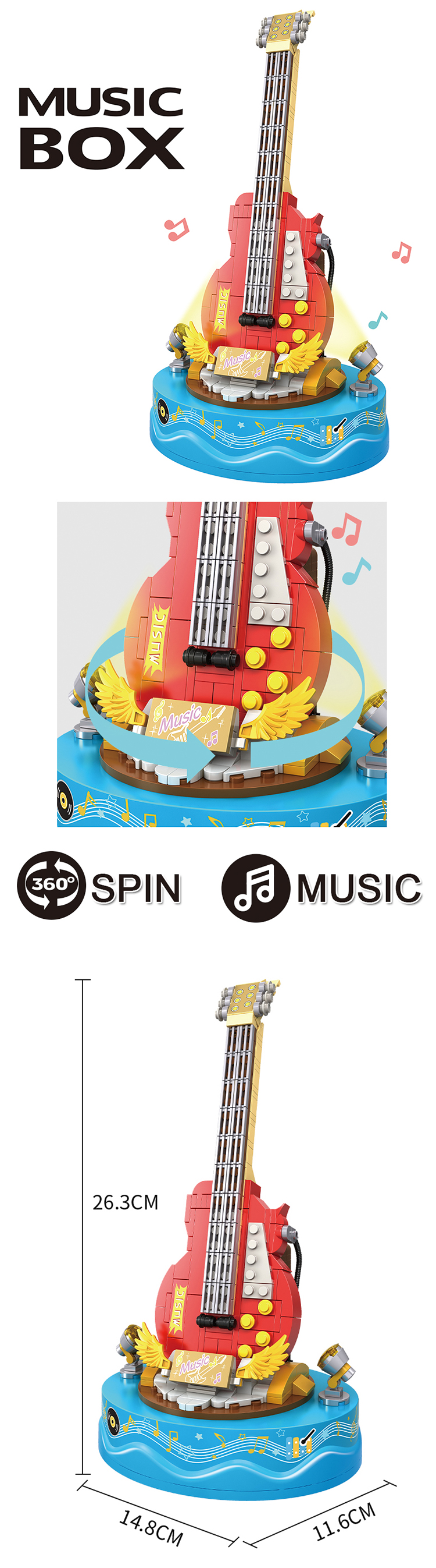 WOMA TOYS Girl kids birthday Christmas Gifts Spin Play Music Box guitar model Assembly building blocks bricks toys