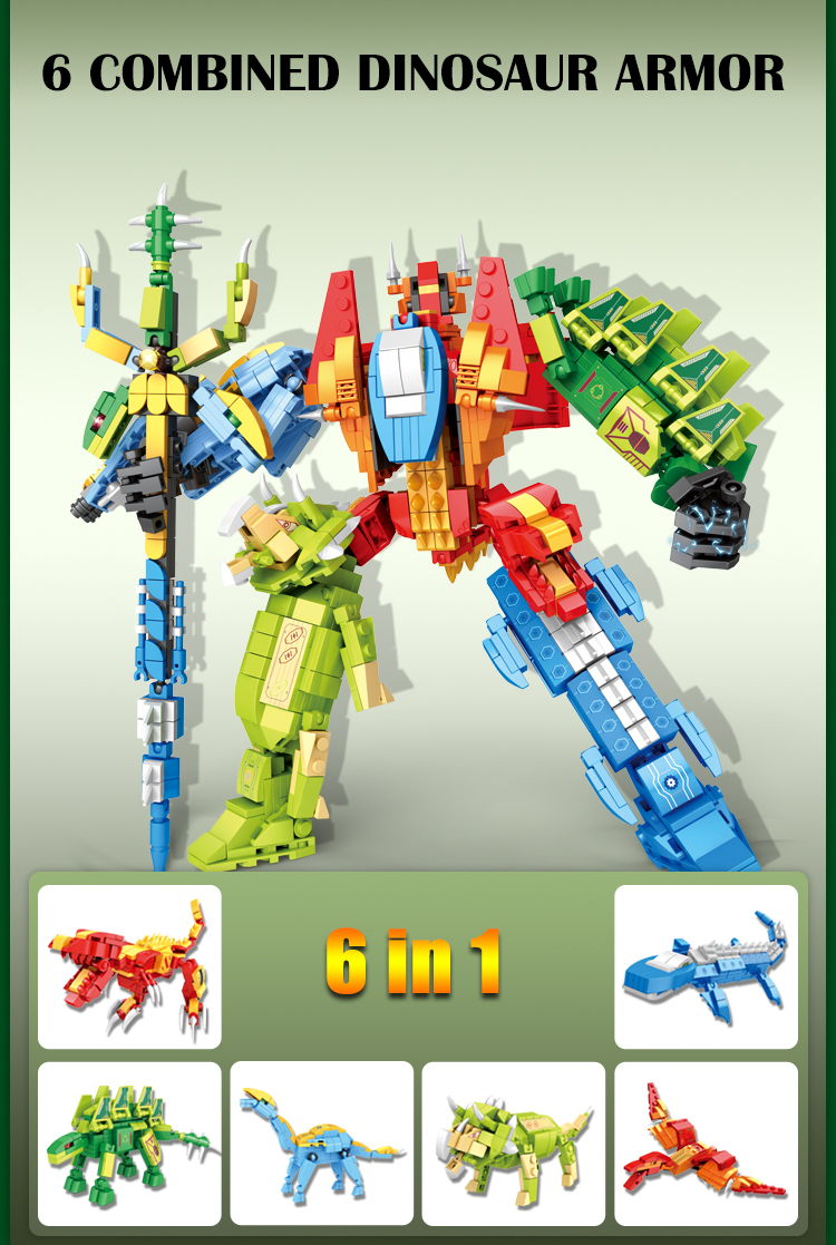 WOMA TOYS Shopee Hot Sale 6 in 1 Dinosaur Model Dinosaurio Transform Mecha Armor Robot Small Brick Building Blocks Assemble