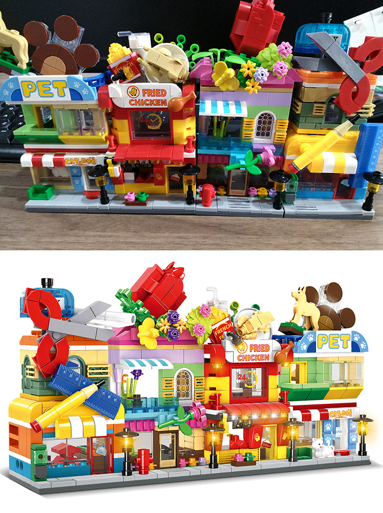 WOMA TOYS 903pcs Metropolitan interest Modern stationer Flower shop Fried chicken Pet shop model building blocks toys