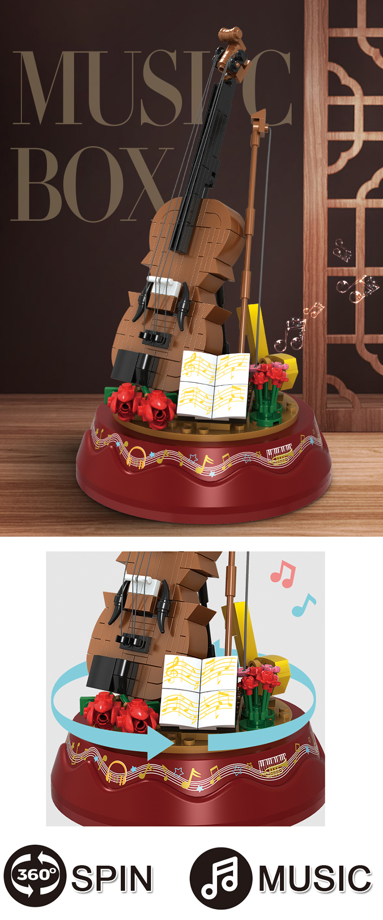 WOMA TOYS Wholesale Children Day Christmas Gifts Kids Educational Spin Play Violin Model Music Box Building Blocks Bricks