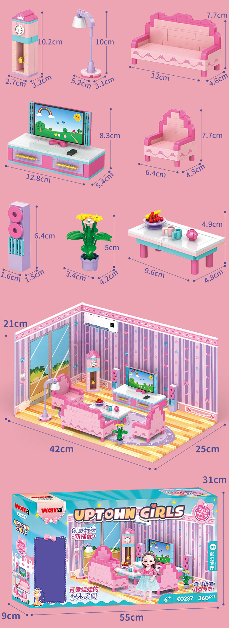 WOMA TOYS Amazon Hottest Sale Play House Doll Building Block House Girl Living Room Model TV Sound Tea Table Chair Brick
