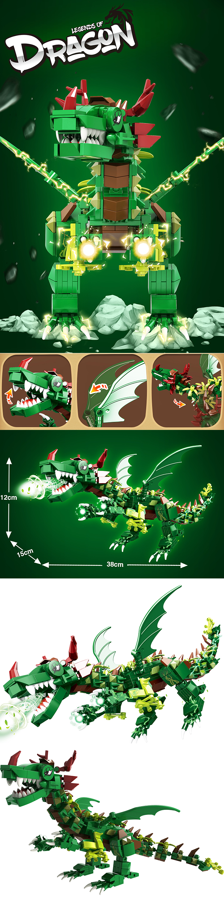WOMA TOYS Kids Buildable Jurassic World Flying Supernova Legend Dragon Model Building Blocks Brick Construction Toy Set