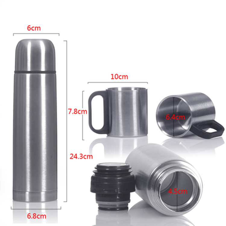 Two 220ml Metal Cups And 500ml Double Wall Stainless Steel Vacuum Flask Gift Set