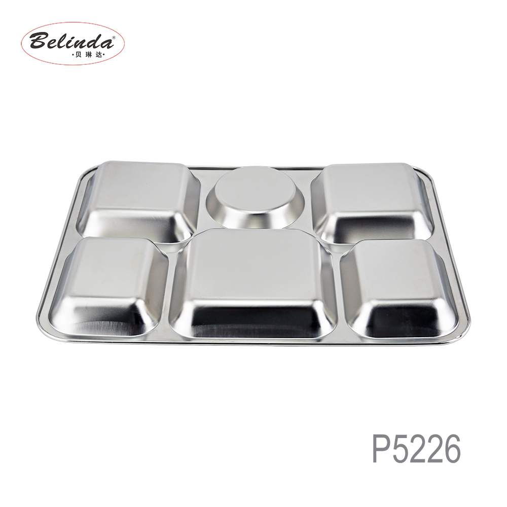 Rectangular 6 Compartments Canteen Stainless Steel Fast Food Tray