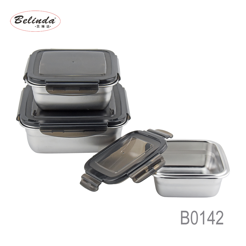 Metal Stainless Steel 304 Rectangle Lunch Box Container Food Storage Fresh Keeping Box With Bamboo Cover