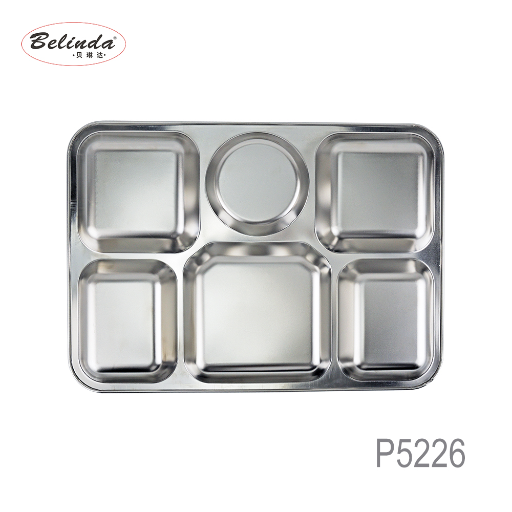 Rectangular 6 Compartments Canteen Stainless Steel Fast Food Tray