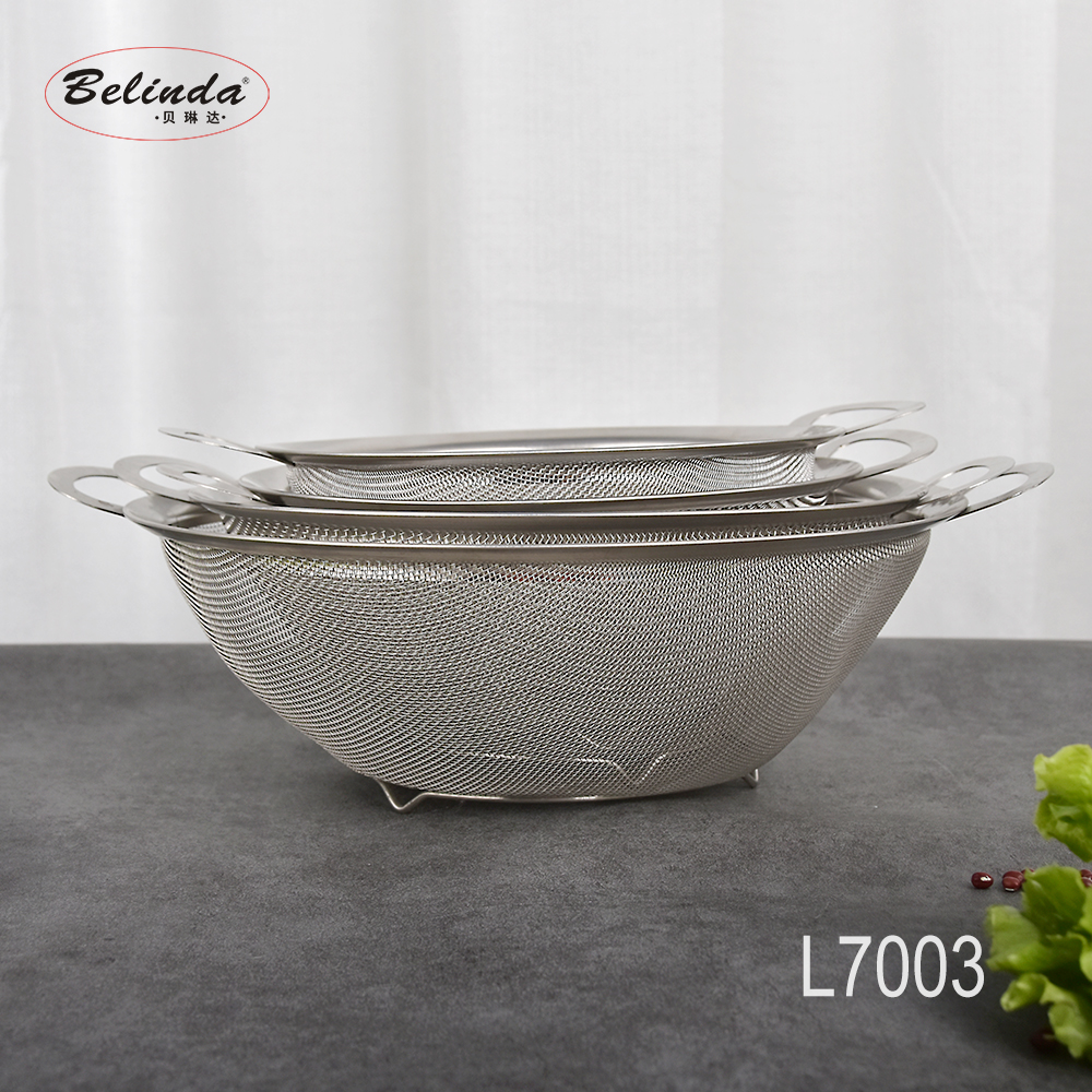 Stainless Steel Fine Round Mesh basket Vegetable Sieve Colander Sifter For Kitchen with Handles and Base