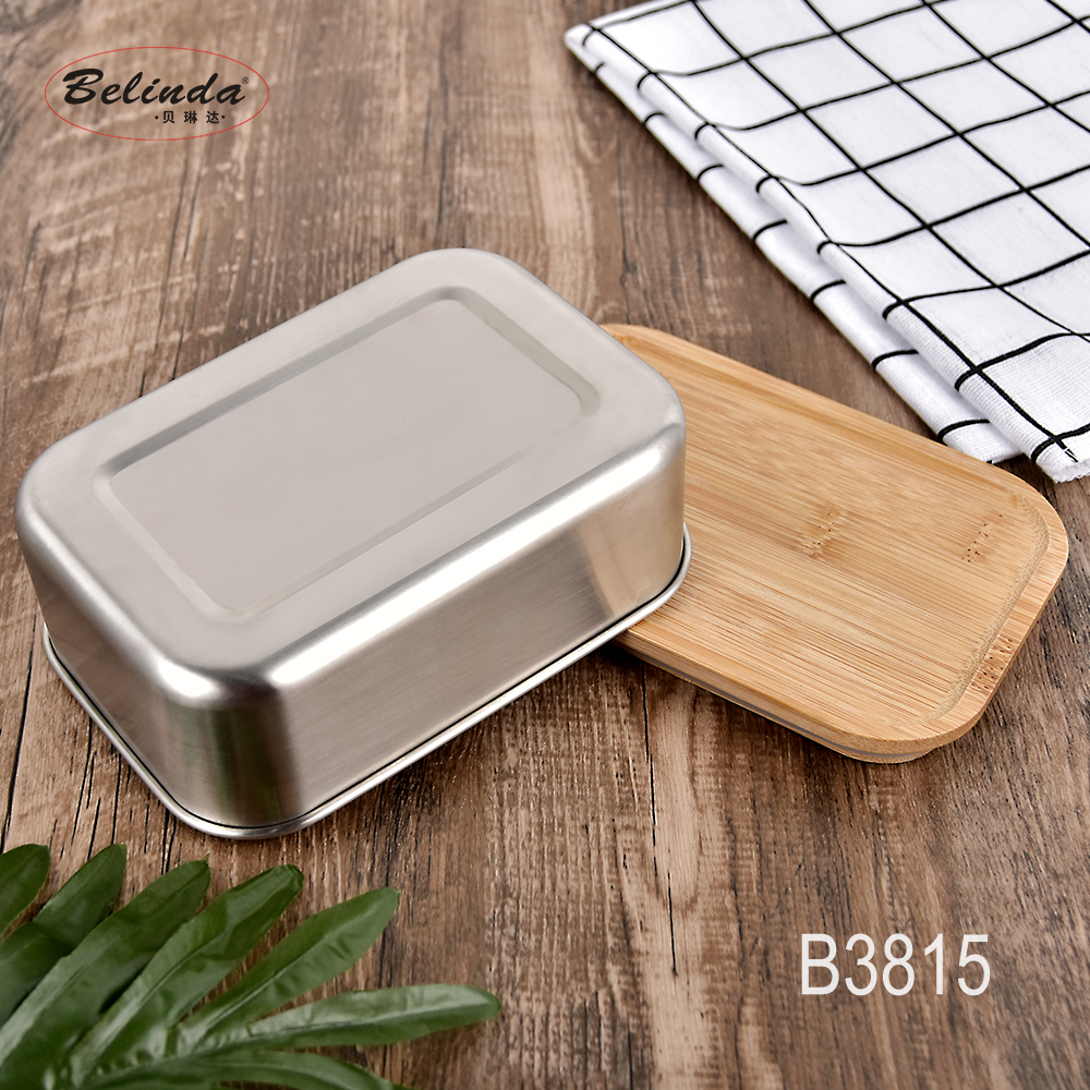 Food Grade Stainless Steel 304 Rectangle Shape Food Container Lunch Box With Wooden Cover