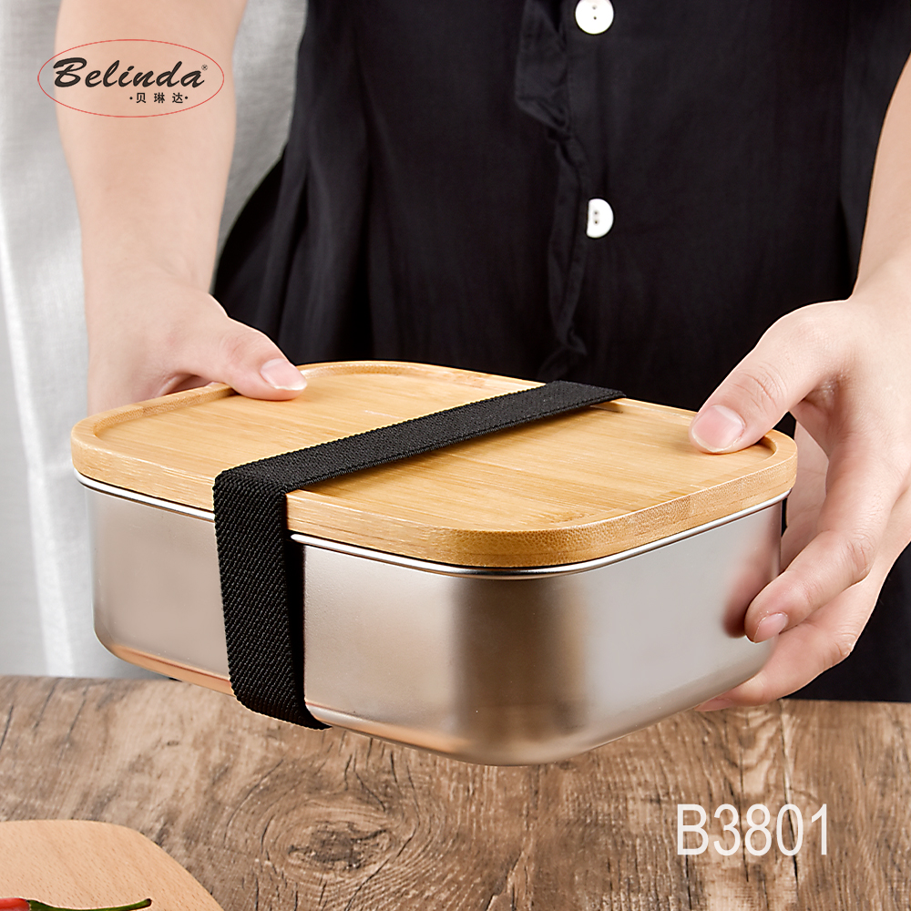 Metal Stainless Steel 304 Rectangle Lunch Box Container Food Storage Fresh Keeping Box With Bamboo Cover