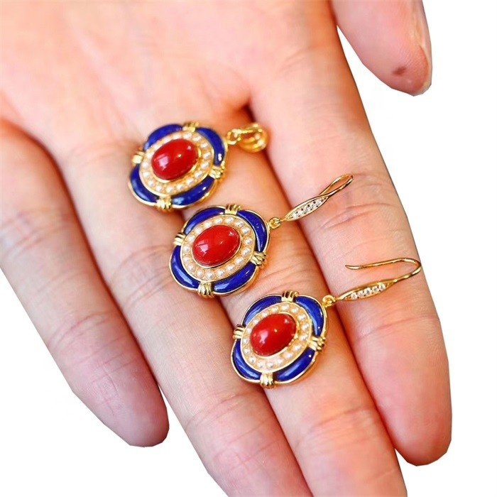 Natural Lapis uye South Red Agate Dangling Eserings Zvishongo 28