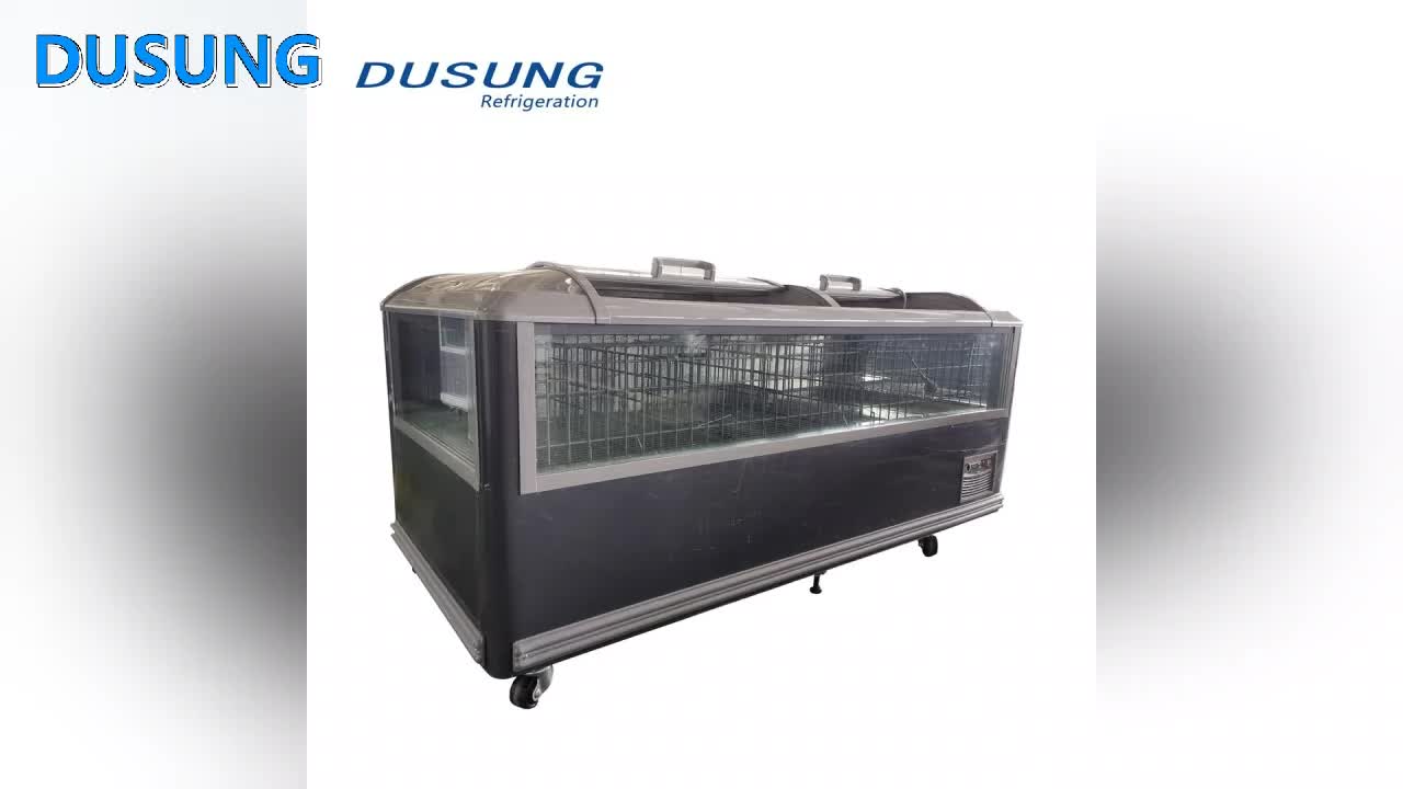 DUSUNG 700L Big Windows Glass Side Panel Curved Glass Top Island Freezer for Supermarket for Shandong, China