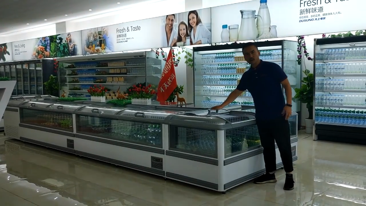 Side glass large area exhibition supermarket island refrigerator freezer for italian brands OEM for Shandong, China