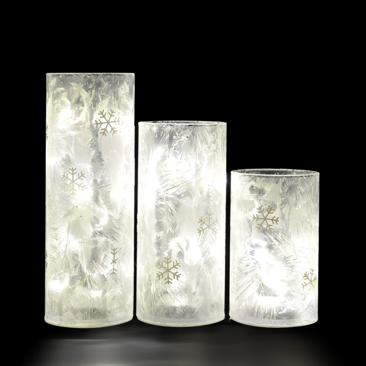 Guanmei - Christmas set of 3 Illuminated LED Light Frosted Glass Pillar Jar for indoor decoration Glass Christmas Decorations