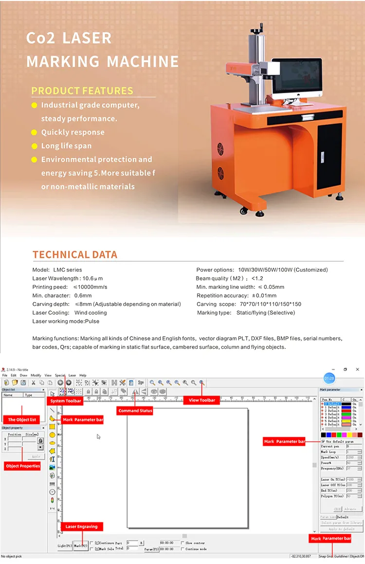 BTMark - co2 Metal Lazer Гравировальный лазерный станок для маркировки 10  Вт 20 Вт 30 Вт 50 Вт Co2 Лазерные маркировочные машины для металла  Пластиковые ювелирные изделия Стекло Горячие продукты