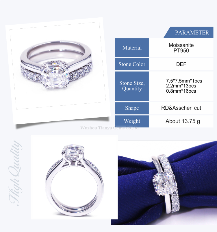 Tianyu gems white gold moissanite ring 14k white gold asscher cut moissanite diamonds dvvs wedding ring set