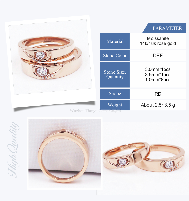 Tianyu Customized 14K/18k rose Gold Engagement lover Ring round heart&arrow Moissanite Diamond wedding couple Ring