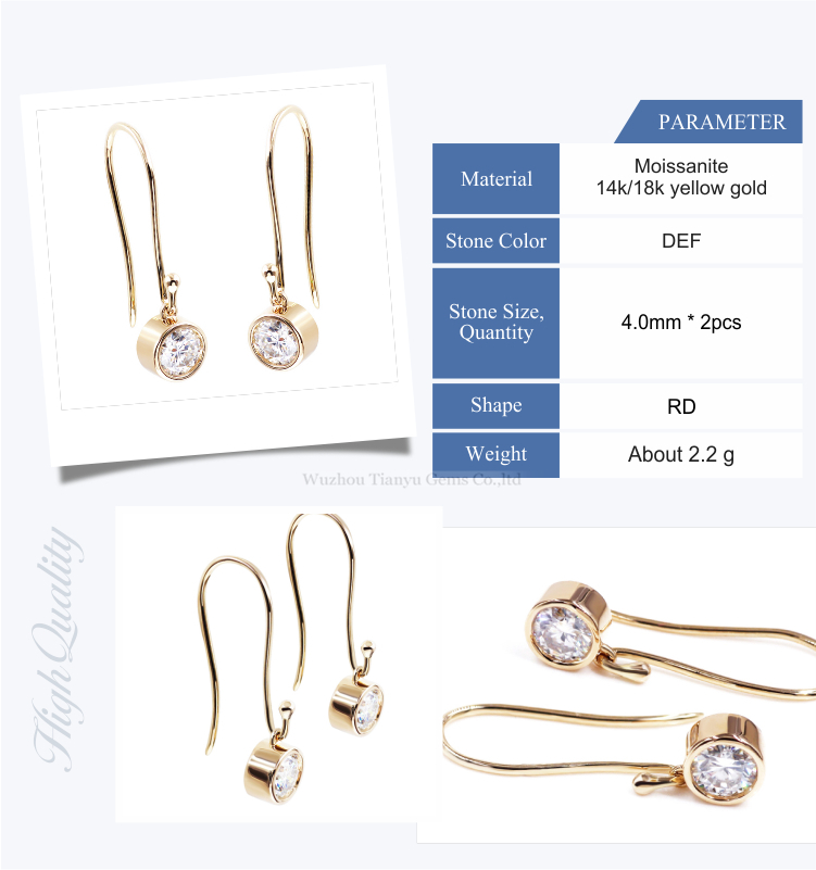 Tianyu customized 14k/18k yellow gold hook earring 4mm round heart&arrow colorless moissanite earring