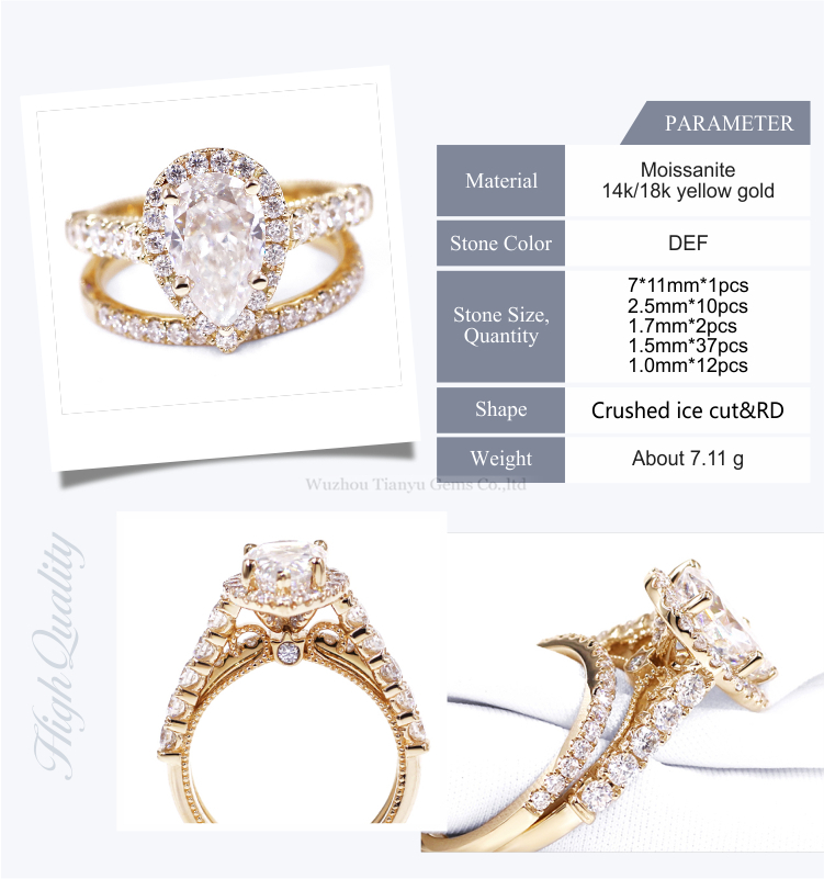 Tianyu gems 14k yellow gold pear shape engagement ring ice cut moissanite ring set