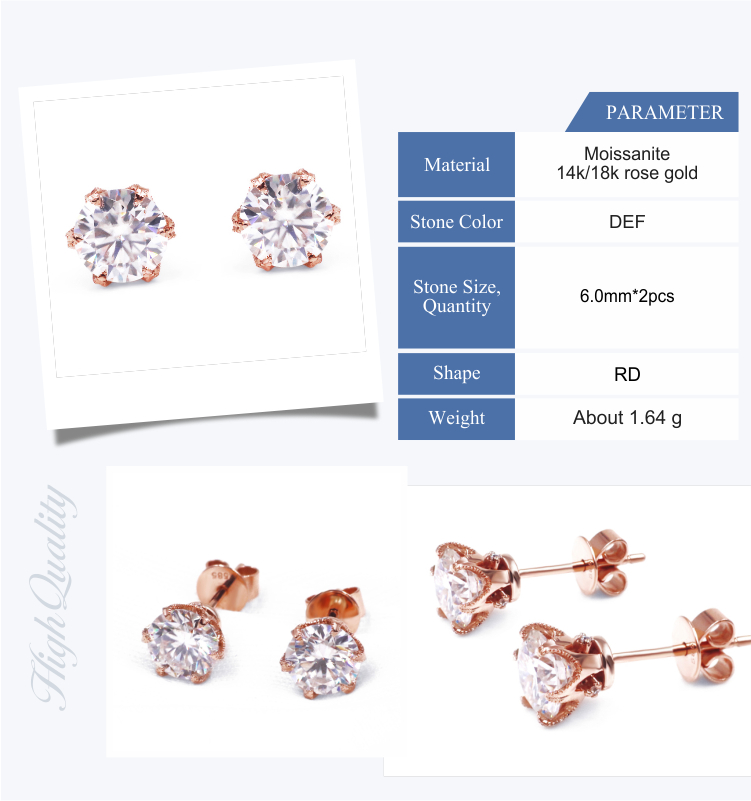 Tianyu customized 14k/18k solid rose gold earring 6mm 0.75ct moissanitie stud earring for ladies