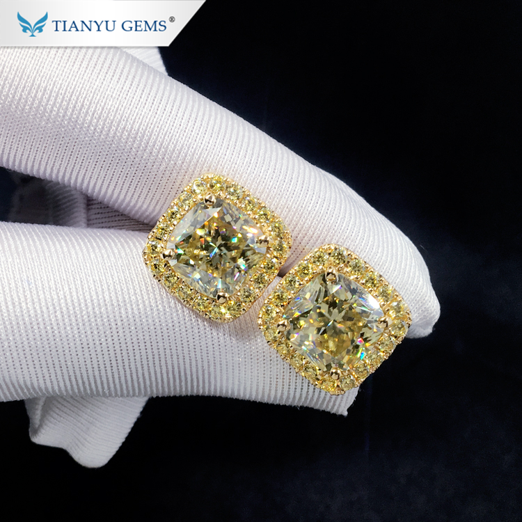 Tianyu gems 14k/18k real yellow gold earring 9.5*9.5mm cushion crushed ice cut moissanite stud earring for woman