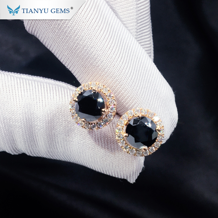 Tianyu gem factory solid rose gold jewelry wholesale 1 carat black round cut moissanite halo stud earrings for women lady
