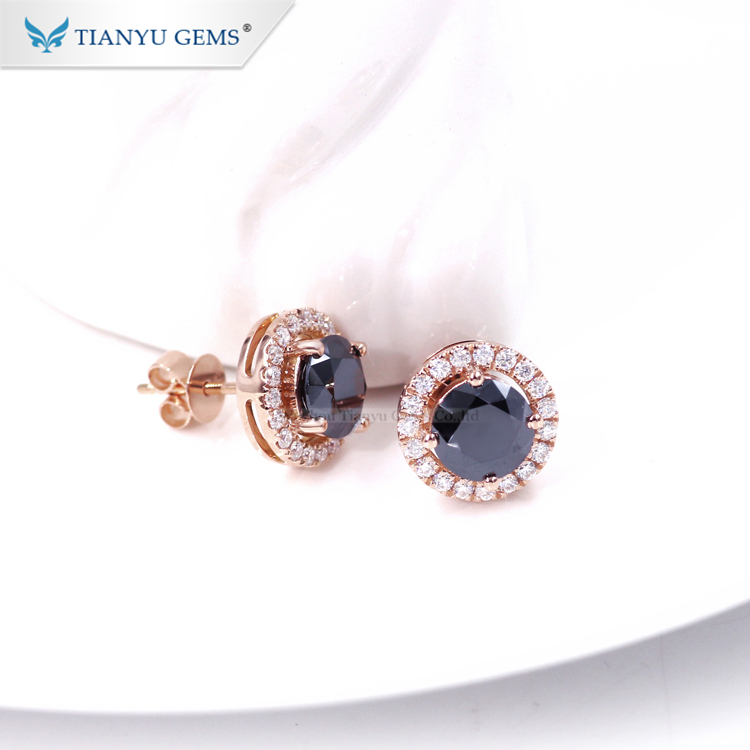 Tianyu gem factory solid rose gold jewelry wholesale 1 carat black round cut moissanite halo stud earrings for women lady