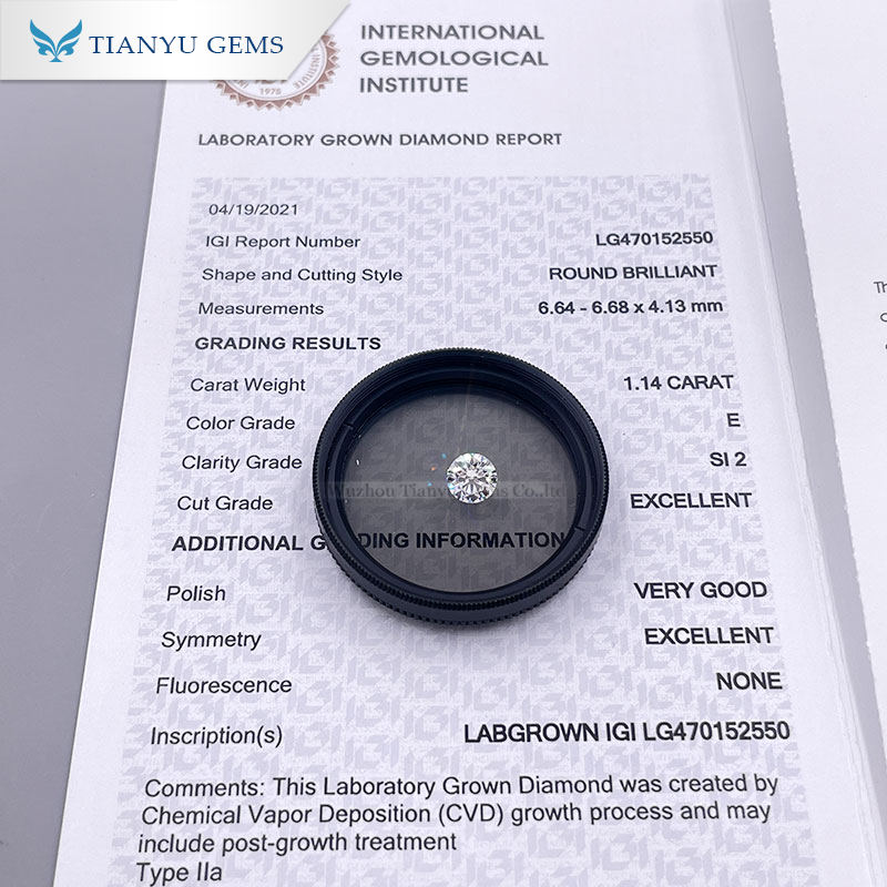 Tianyu gems Лабораторно выращенные бриллианты Круглая огранкаCVD--1.14CT-E/SI2 бесплатный сертификат IGI для бриллианта В наличии