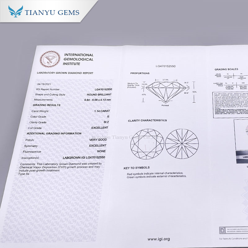 Tianyu gems Лабораторно выращенные бриллианты Круглая огранкаCVD--1.14CT-E/SI2 бесплатный сертификат IGI для бриллианта В наличии
