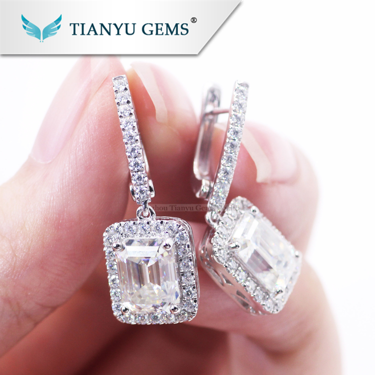 Tianyu High End Custom Women Charm Gold Jewelry 4ctw Colorless Emerald Cut Moissanite Drop Hoop Earrings