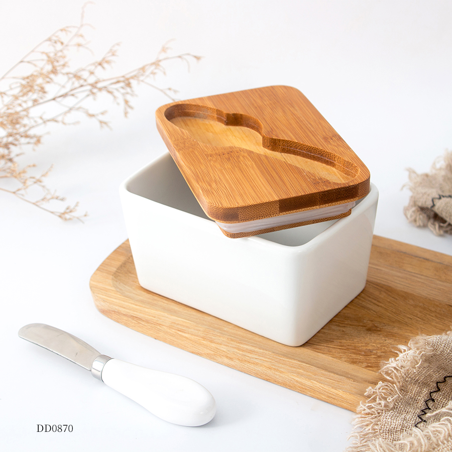 White Rectangle airtight butter keeper box Porcelain Butter container Ceramic Butter Dish with Wooden Lip and Knife