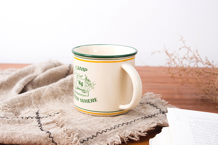 Custom logo camping mug wholesale hand printing yellow ceramic coffee tea mug for branding promotion advertisement