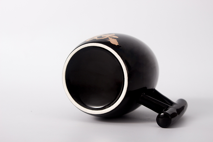 Electroplated black coffee cup and mug ceramic mug with lid and handle drum shaped ceramic coffee mug with gold color printing