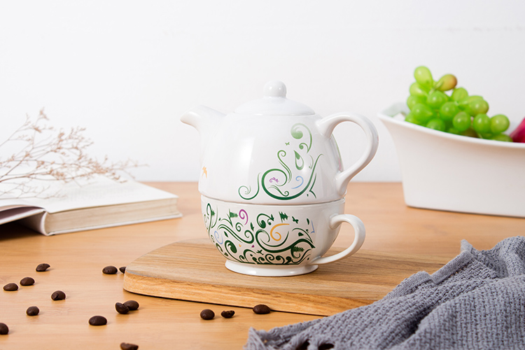 Turkish tea pot and cup for one person porcelain tea for one set coffee sevring glazed decal ceramic teapot