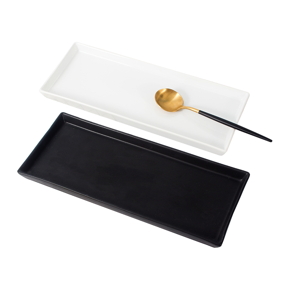 Factory custom 13inch white black long rectangular restaurant wedding sushi dessert dishes ceramic appetizer dinner plates