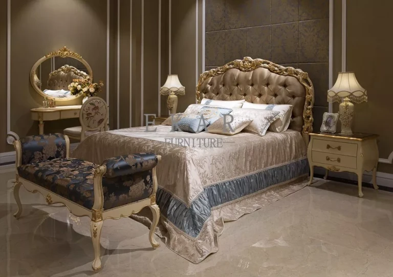 Bett Stoff Rahmen, handgeschnitztem Luxus-Wohnmöbel mit antikes | aus Luxus-Kopfteil FB-105