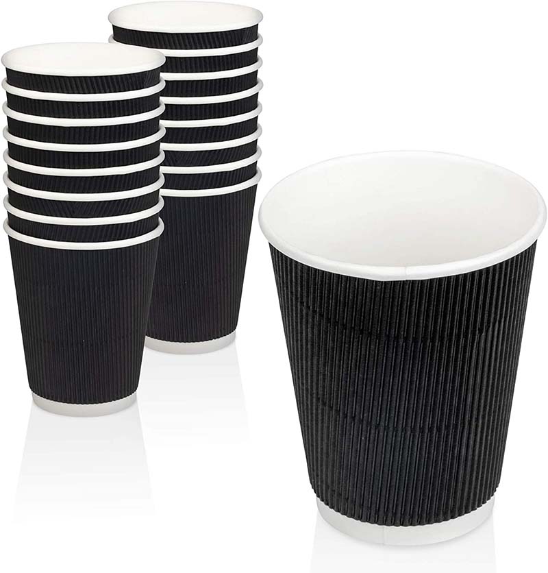 Uchampak - オフィスパーティーホームトラベルホットドリンクカップ用のブラックリップルウォール使い捨てペーパーコーヒーカップ