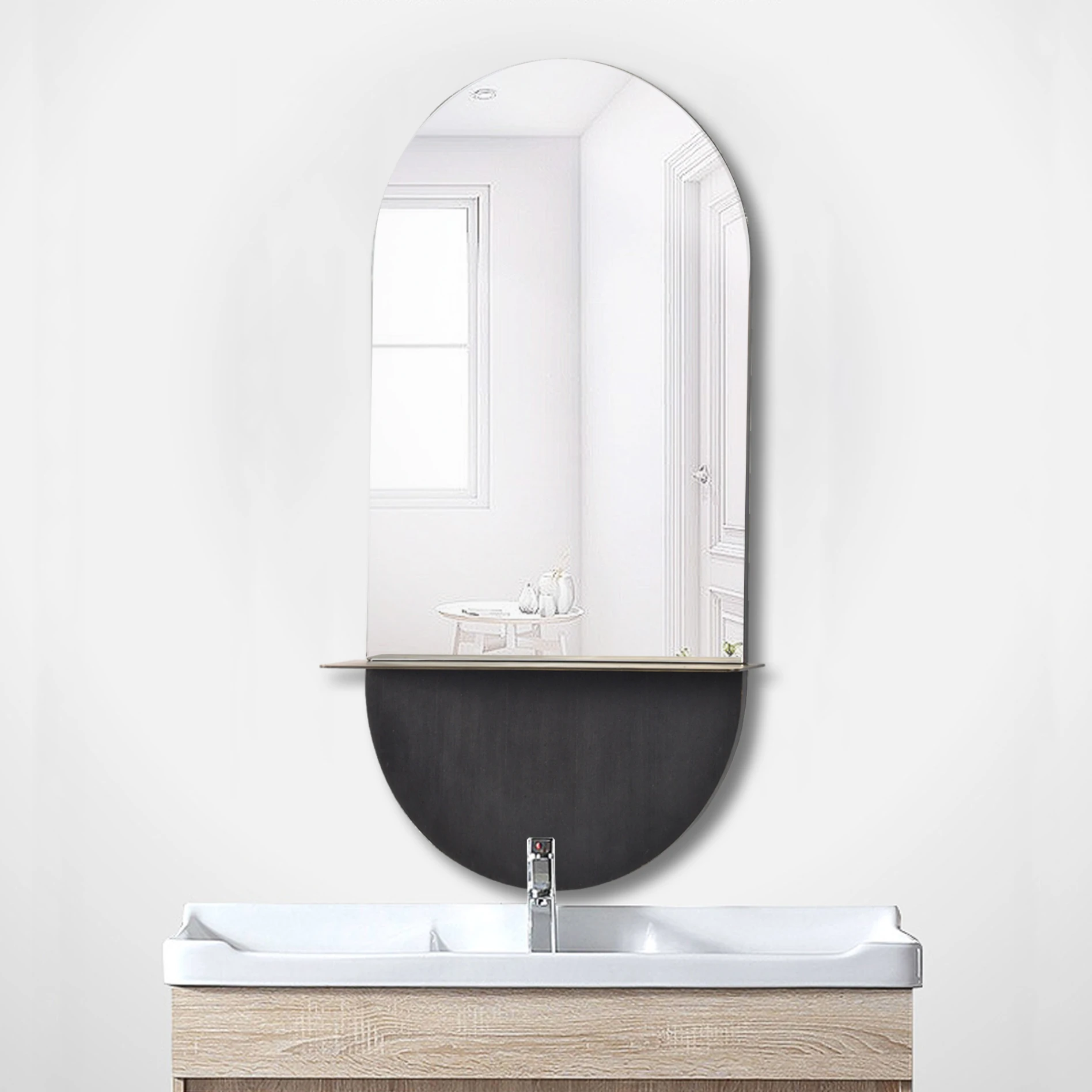 Hot item oval wood mirror for bathroom gold metal frame mirror With Shelf Bathroom mirror(图4)