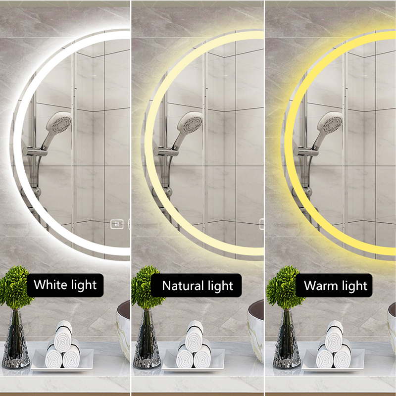 Hotel wall-mounted defogging Aluminum frame smart round bathroom vanity LED makeup mirror with light(图4) Hotel wall-mounted defogging Aluminum frame smart round bathroom vanity LED makeup mirror with light(图4)
