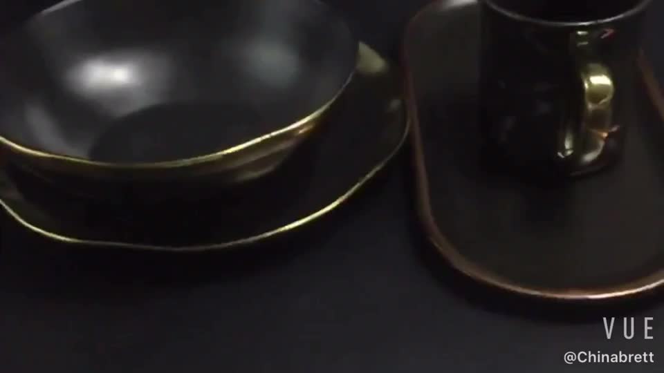 European style dinnerware set ceramic black and white restaurant dinner plate with gold rim for Guangdong, China