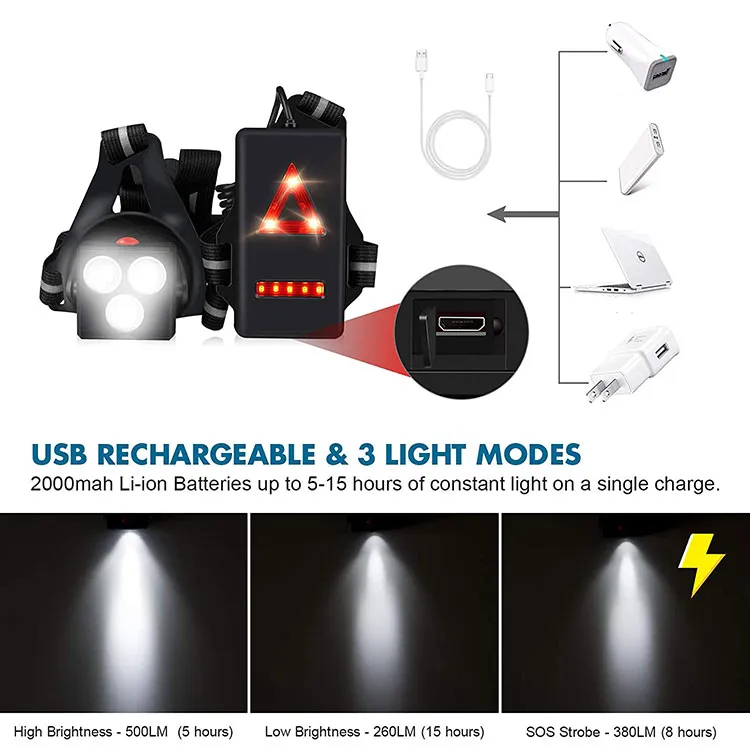 SEEYOO - Avertissement de sécurité à haute luminosité Rechargeable par USB  3 LED 250 Lumens Feux de course étanches LED Lampe de poitrine  Running&Safety Light