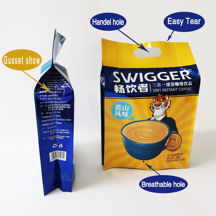 custom emballage alimentaire coffee tea side gusset bag biodegradable laminating foil with handle hole
