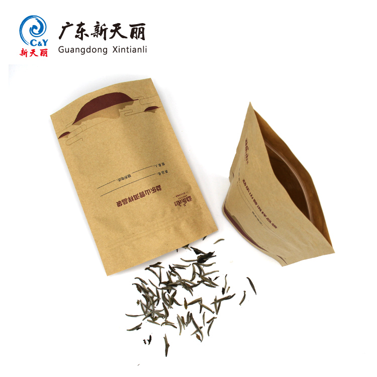 Chinese suppliers high quality food grade stand up kraft pouch zipper top custom paper bag for packaging tea