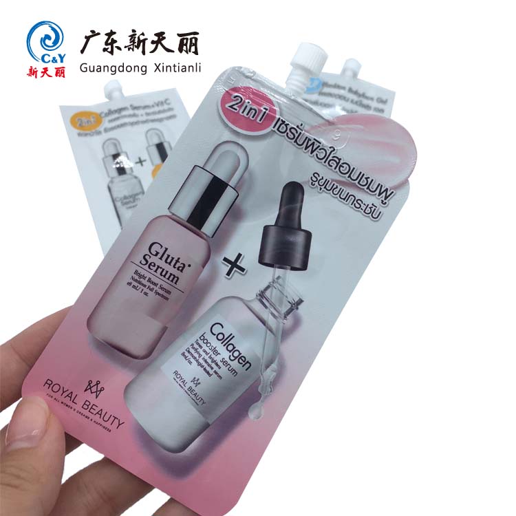 China suppliers Beauty serum usual and special shaped sachet recycle spout top pouch cosmetic packaging pouch