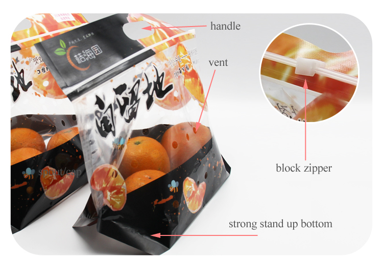 reusable block zipper lock plastic standup bag fruit vegetable packaging pouch with handle