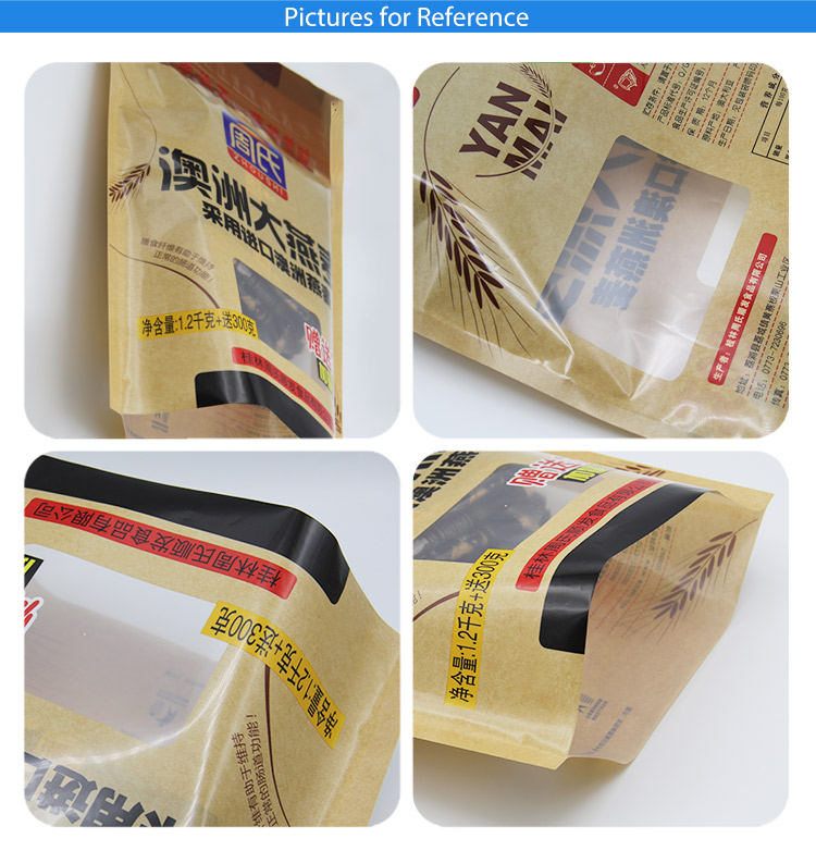 Factory supplied directly reusable handle plastic otmeal food packaging printing bags 3 side seal pouch bag with window